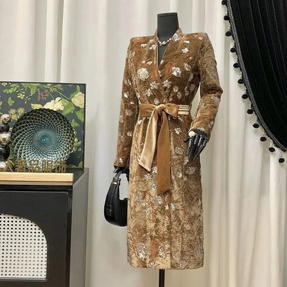 BESTBAFU Luxury Sequin Party Jacket Women Chinese Style Retro Embroidered Velvet Coat Winter v-Neck Belt Long Outerwears 261F