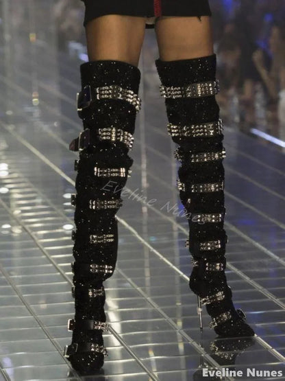 Luxury Crystal Buckles Over The Knee Boots Women Bling Rivets Pointed Toe Iron Heels Long Boots 2025 Fashion Party Catwalk Boots