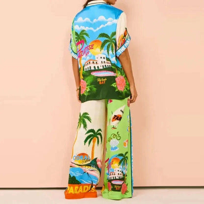 Long Sleeve Long Pant Sets Women  Retro Lapel Single Breasted Blouses Trousers 2 Piece Set Printed Color-blocking Elastic Waist