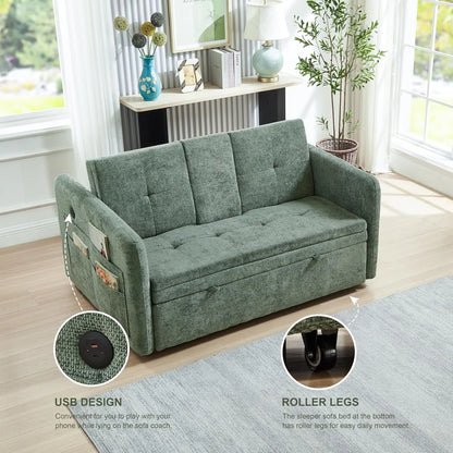 57.48' Convertible Sofa Bed with Cup Holder, Pull Out Sleeper Sofa Bed with USB Charging Ports | Kimlud Luxury Sofa