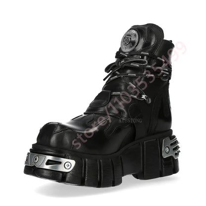 2025 Black Metal Studded Ankle Boots Punk Rock Party Motorcycle Style Lace-Up Casual Sporty Round Buckle Street Fashion
