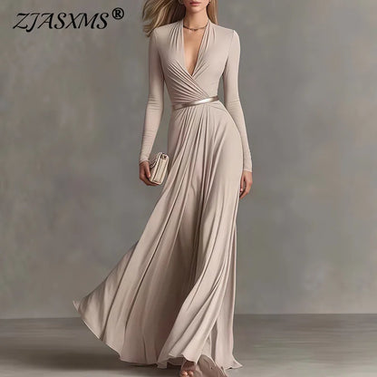 Elegant Sexy Deep V Neck Slim Maxi Dress Women Long Sleeve Ruched Waist Formal Gown Spring Casual Solid Sashes Boho Long Dresses