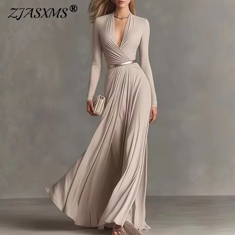 Elegant Sexy Deep V Neck Slim Maxi Dress Women Long Sleeve Ruched Waist Formal Gown Spring Casual Solid Sashes Boho Long Dresses