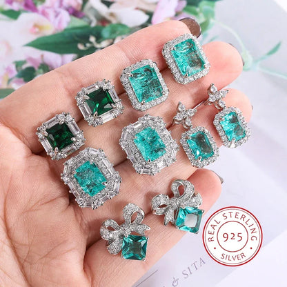 Beautiful 925 Sterling Silver Earrings for Women's Shiny Green AAAA Zircon Earrings Stylish Geometric Jewelry Party Earrings