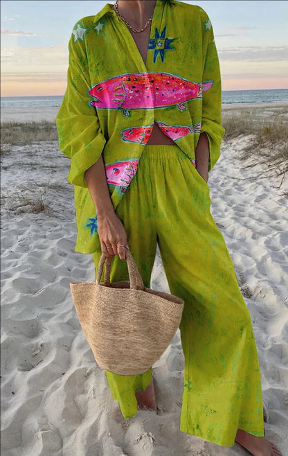 Boho Beach Holiday Print Shirt And Pants Two Pieces Sets Women Csaual Loose Long Sleeve Button Shirts Outfits Summer Pants Sets