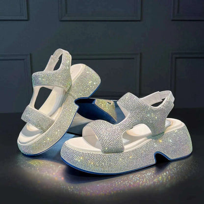 Fashion Luxury Rhinestone Women Sandals Summer New Sheepskin Elastic Band Thick-soled Open-toed Roman Flat Sandals