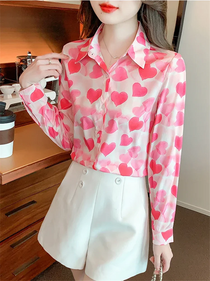 Women Chiffon Shirts Elegant Work Casual Tops Spring Summer Sweet Long Sleeve Love Heart Print Pattern Office Lady Blouse Shirts