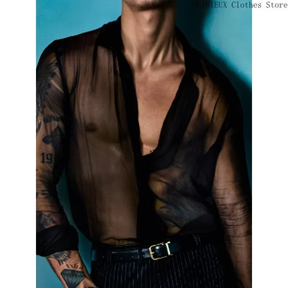 Men's Summer Black Thin See-through Clothes Men's Casual Shirt Breathable Blouse Night Bar Club Sexy Costume - Kimlud