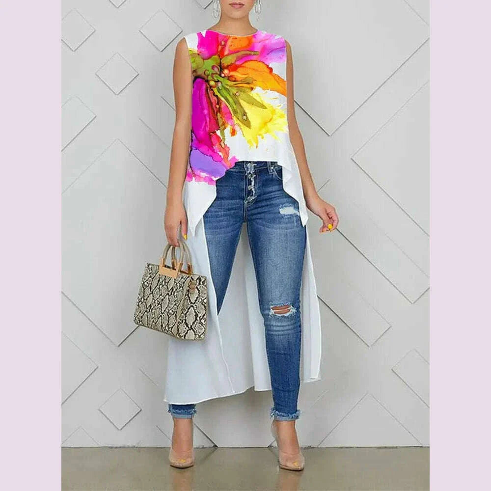 Summer High-Low Loose Flower Print Round-Neck T-Shirts Blouses Casual Sleeveless Tops Vest For Women