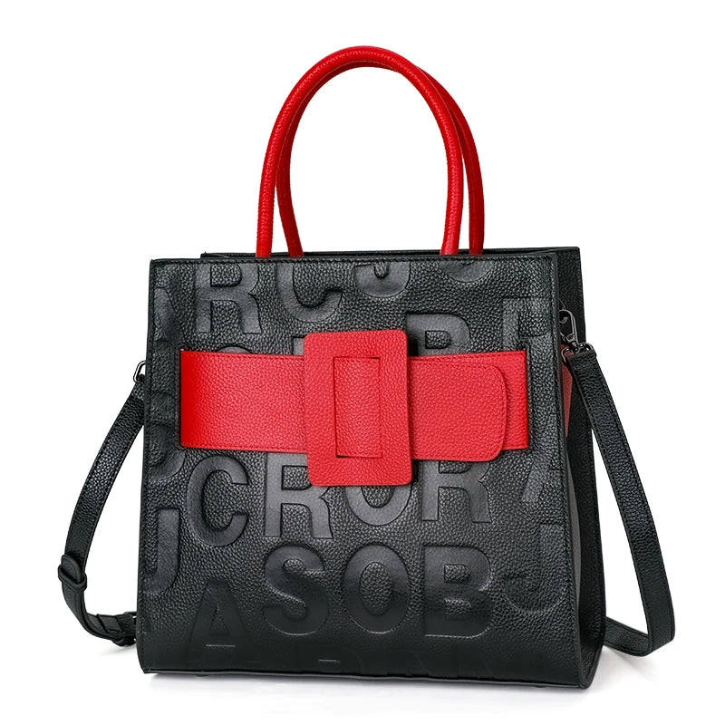 Aidrani  Fashionable women's large capacity handbag with letter print design, made of cowhide material, square, black