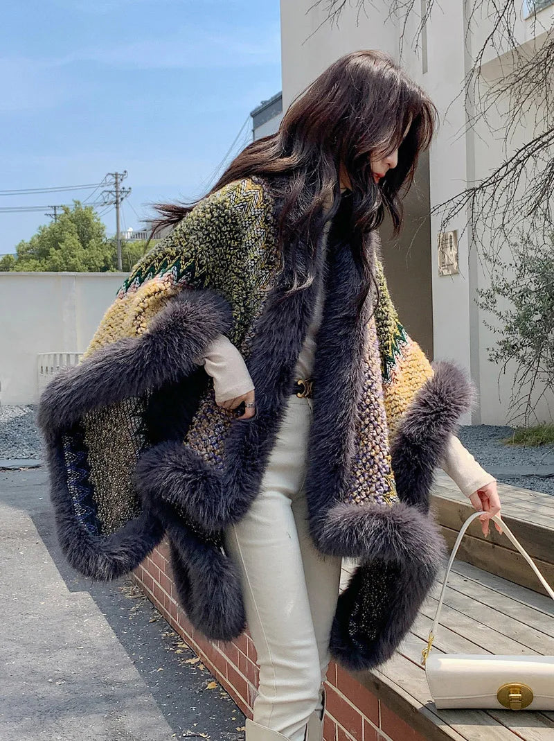 Novelty Vintage Fluffy Hollow Knit Cape Faux Fox Fur Trims Coat Poncho Women Autumn Winter Colorful Cloak Party Travel...