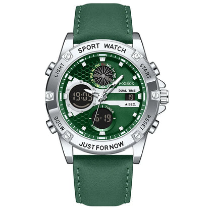 FOXBOX Fashion Men's Luxury Watch Leather Strap Quartz Watches Business Dual Display Waterproof Date Chronograph Man Watch+Box - Kimlud