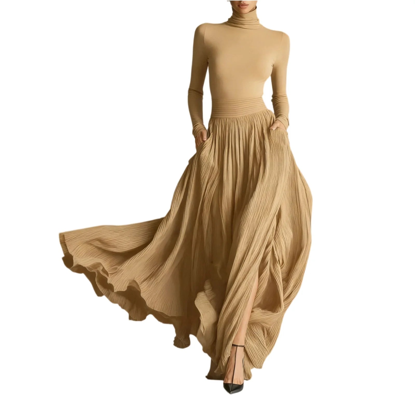 French Retro Elegant Light Luxury Slim-fit Dress for Women Turtleneck Long Sleeve Long Dresses Flowy Dress with a Large Skirt - Kimlud