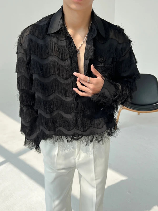 2025 Summer Men Black White Streetwear Hip Hop Shirt Men Tassels Party Night Club Men Shirts Male Long Sleeves Hollow Out Blouse - Kimlud