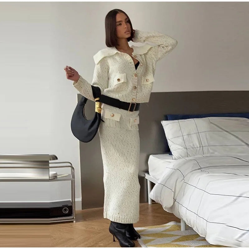 Fashion Knitted Long Skirts Sets Women Lapel Full Sleeve Single Breasted Sweater Hip Package Slim Skirt 2026 Spring Lady Outfits