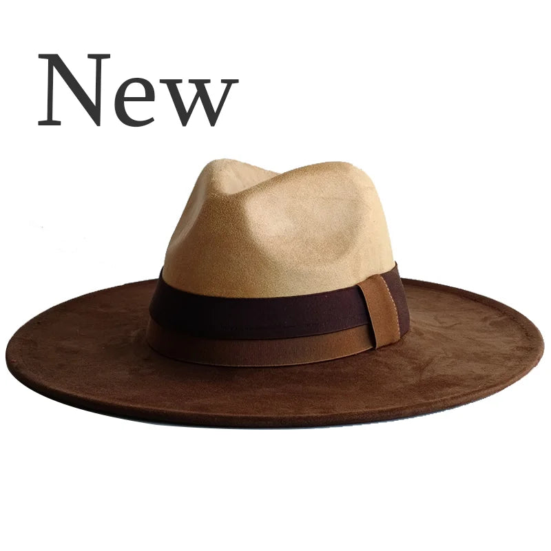 Colorblock Ribbon Colorful Suede Hat Autumn and Winter Women's Felt Hat Wide Brim Hat British Style Retro Men's Gorras Hombre - Kimlud