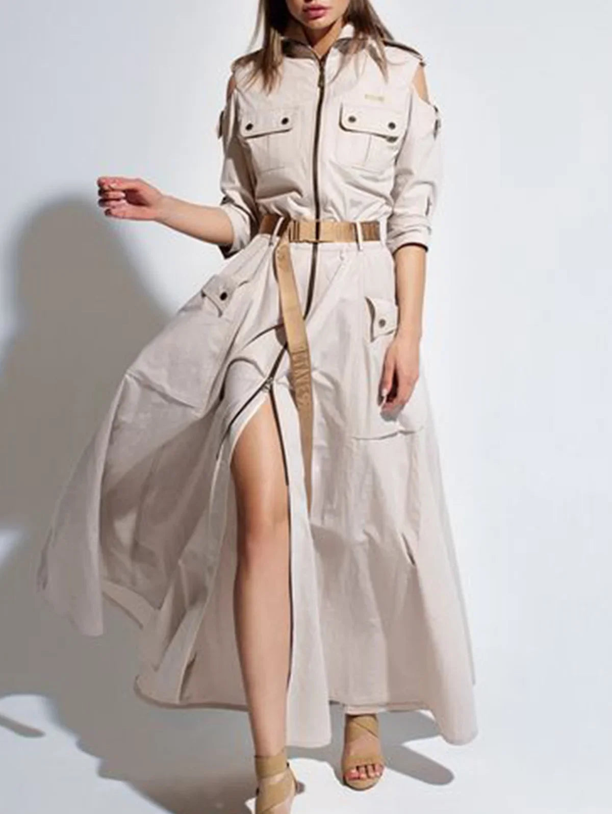 Retro Maxi Shirt Dress Women 2025 Turndown Neck Half Sleeve Zipper Belt Pockets Long Dress Ladies Streetwear Women Clothes