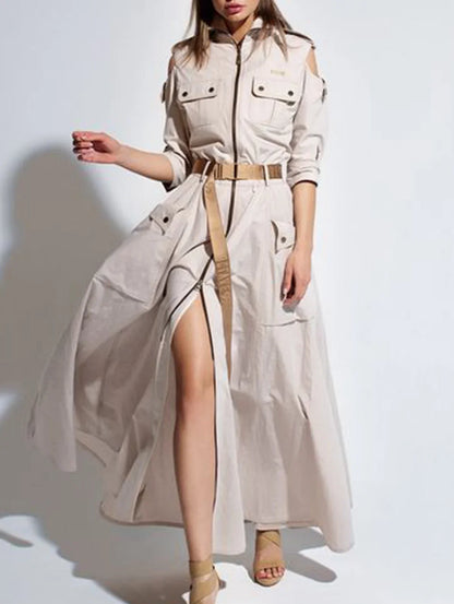 Retro Maxi Shirt Dress Women 2025 Turndown Neck Half Sleeve Zipper Belt Pockets Long Dress Ladies Streetwear Women Clothes