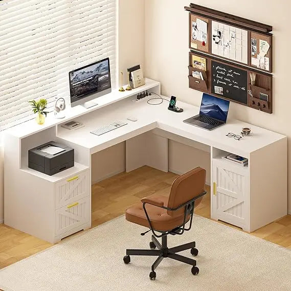 63" Farmhouse L Shaped Executive Desk with Drawers & Storage Shelf, Corner Computer Desk with Power Outlets, L Shaped Office Des - Kimlud