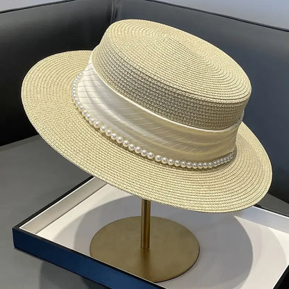 2025 Summer Elegant Pearl Chain Flat Sun Hats for Women Chapeau Feminino Straw Hat Panama Wide Brim Anti-UV Beach Cap...