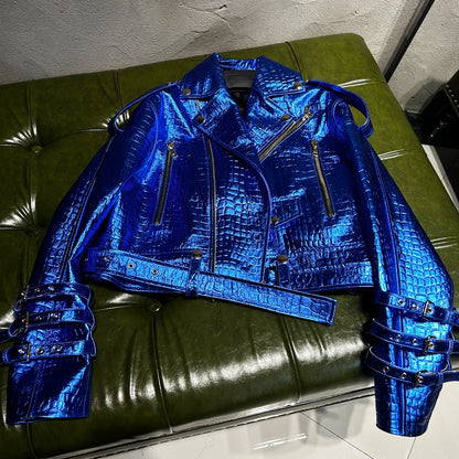 Shiny Blue Women Leather Jacket Real Lambskin Leather Cloth Streetwear Leather Jackets
