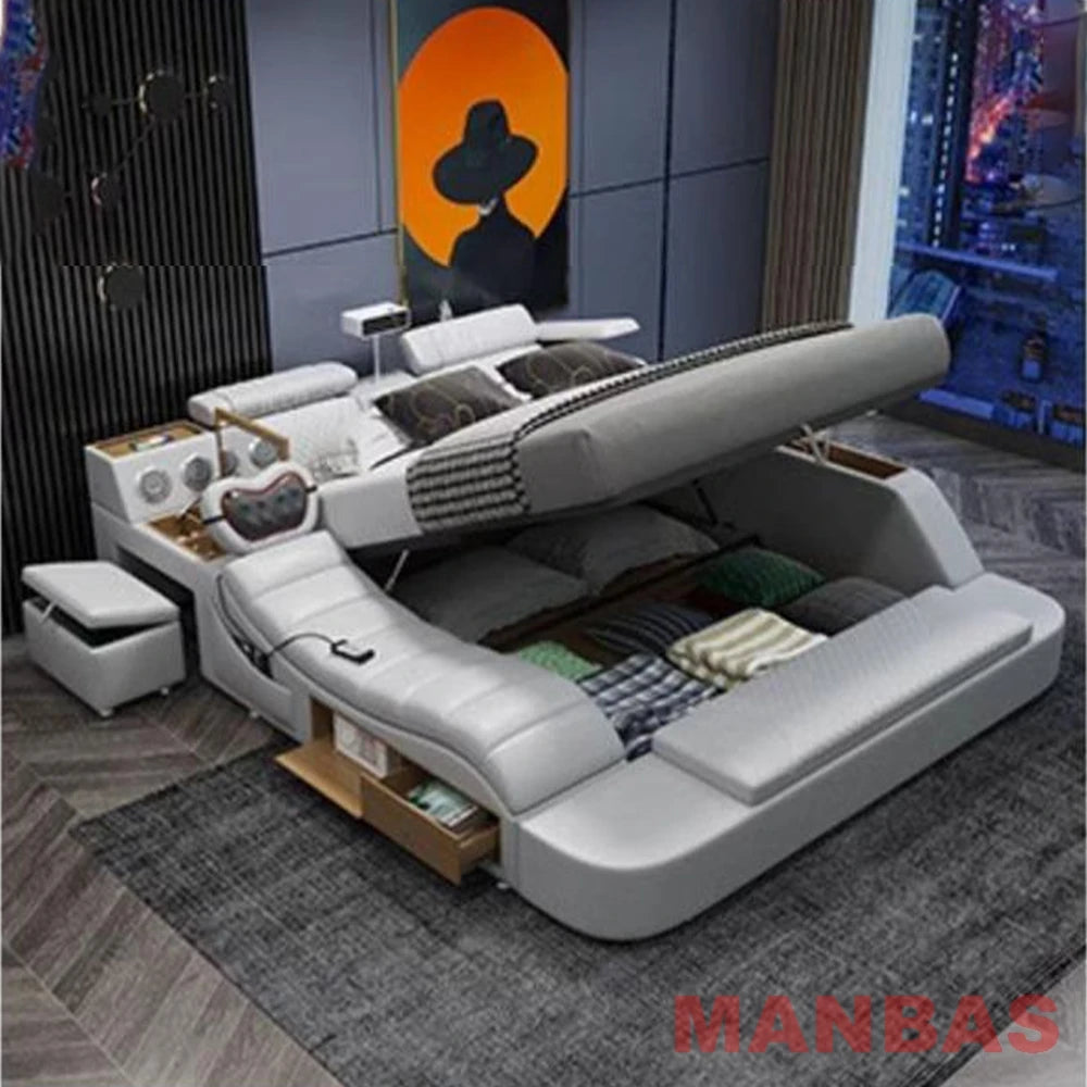 Modern Tech Smart Bed, King/Queen Size Genuine Leather Bed with Projector,USB, Speaker, Luxury Multifunction Bed, All In...