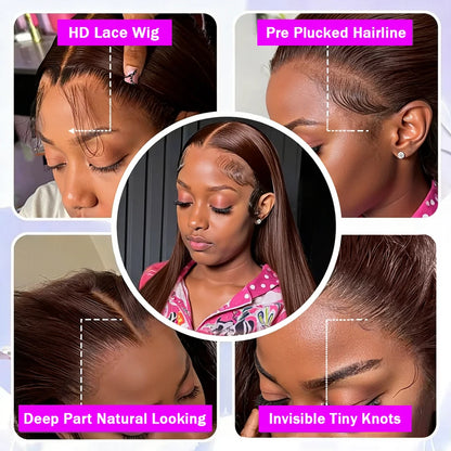 HD Chocolate Brown 13x4 Straight Lace Front Wig Brazilian 13x6 Full Lace Frontal Wigs For Women Remy Human Hair Wig Pre...