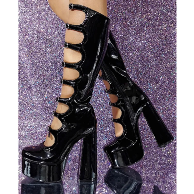 Lolita Girls Women's High BootsCosplay Halloween Rivet Hollow-out Thick Bottom Long Boots Women Heel Height 6CM Platform Shoes