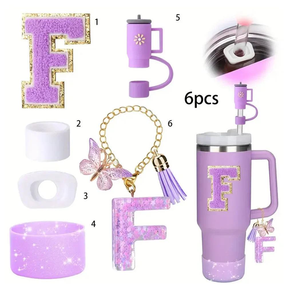 6 in 1 Cup Accessorie Set for Stanley Cup 40oz Tumbler Including Purple Silicone Straw Topper Boot Leak-proof Stopper Decoration