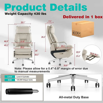 Executive Dual Motor Reclining Chair with Footrest, Massage & Pillow Support, Ergonomic PU Leather Desk Chair for Big...