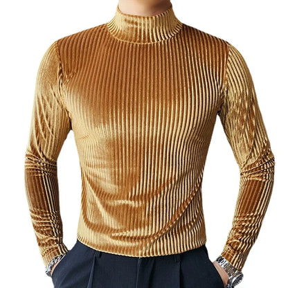 New Gold Velvet T Shirt Men Clothing Fashion Trend Male Luxury Prom Party Long-sleeved Striped Pullover Tops Homme - Kimlud