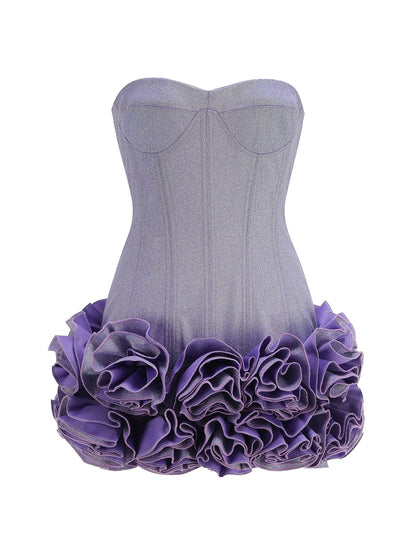 Stereoscopic Flowers Back Laceing Strapless Solid Bandage Mini Evening Dress Sweet Woman Birthday Party Patchwork Lace Up Dress