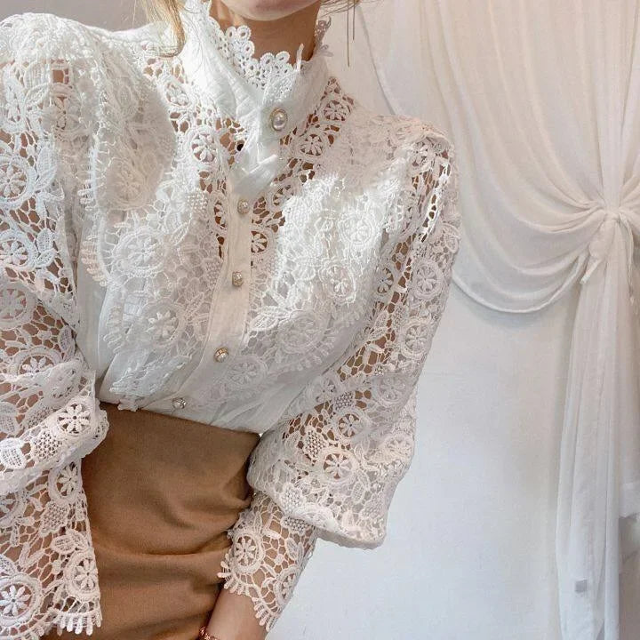 Spring Elegant Lace Office Shirt Women's Blouse Long Sleeve Button Up Blouses Tops 2025 Spring Fashion Casual Ladies Shirts Top