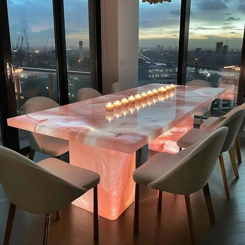 Luminous jade dining table natural luxury stone rectangular pink island white jade light luxury high-end marble rice