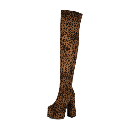 Plus Size High Platform Super Thick Heel Leopard Print Velvet Over The Knee Boots Roman Style Winter Sexy Long Boots