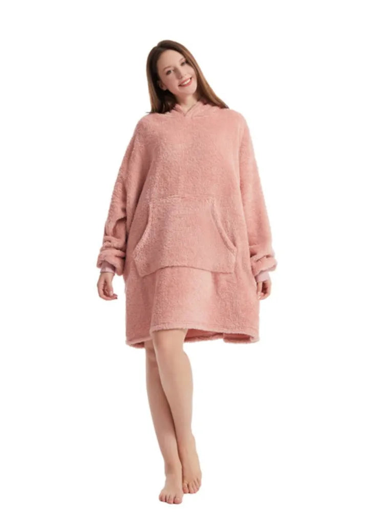 Long Sleeves With Pockets Hoodie Pajamas Women Autumn Winter Fashion Solid Color Loose Double-sided Velvet Home Clothes...