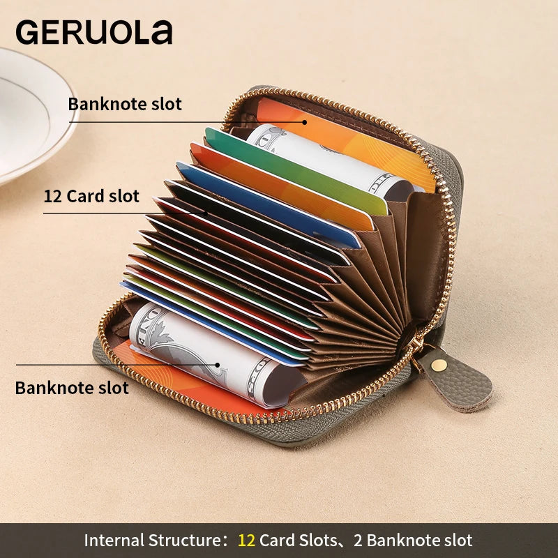 GERUOLA Top-Grain Cowhide RFID-Protected Card Holder Zipper Credit Card Organizer with Multiple Slots ID And Coin Pouch