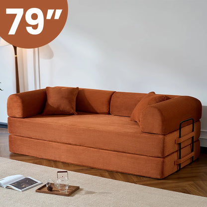 79’’ Folding Convertible Sofa Bed Corduroy Upholstered Boneless Couch, Loveseat Sleeper Floor Sofa for Living Room Bedroom - Kimlud