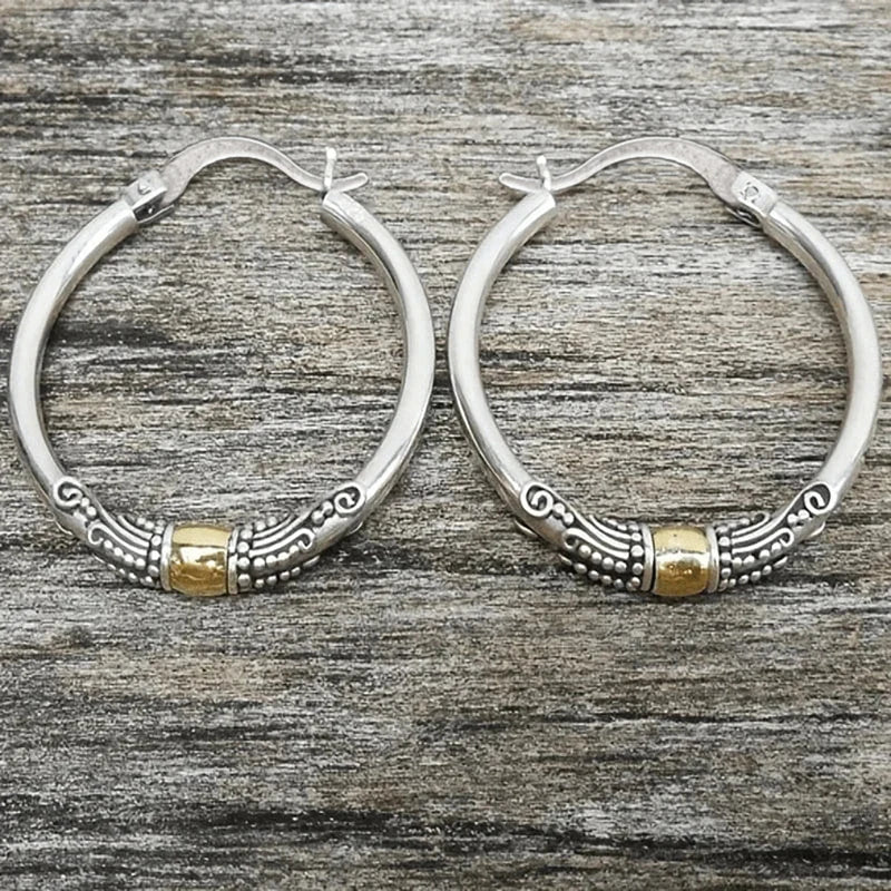Huitan Vintage Two Tone Bohemian Style Hoop Earrings for Women Engraved Design Novel Trendy Party Big Circle Statement Jewelry