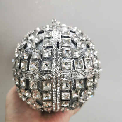 Woman Silver Crystal Stone Ball Shape Evening Bag Banquet Birthday Party Gift Lady Handbag Wedding Bridal Diamond Hollow Purse - Kimlud