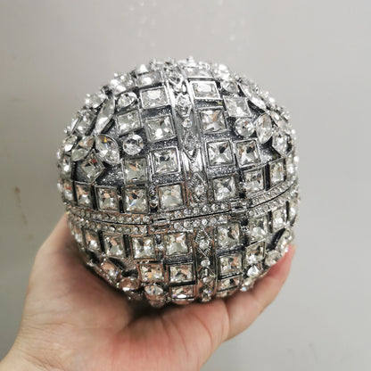 Woman Silver Crystal Stone Ball Shape Evening Bag Banquet Birthday Party Gift Lady Handbag Wedding Bridal Diamond Hollow Purse - Kimlud