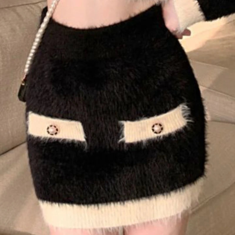 Winter Fluffy Knit 2 Piece Set Women Patchwork French Vintage Mini Skirt Suit Female Korean Fashion Elegant Office Lady Set 2024