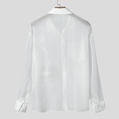 INCERUN Men Shirt Mesh Patchwork Transparent Lapel Long Sleeve Men Clothing Oversize Sexy 2025 Streetwear Unisex Shirts S-5XL