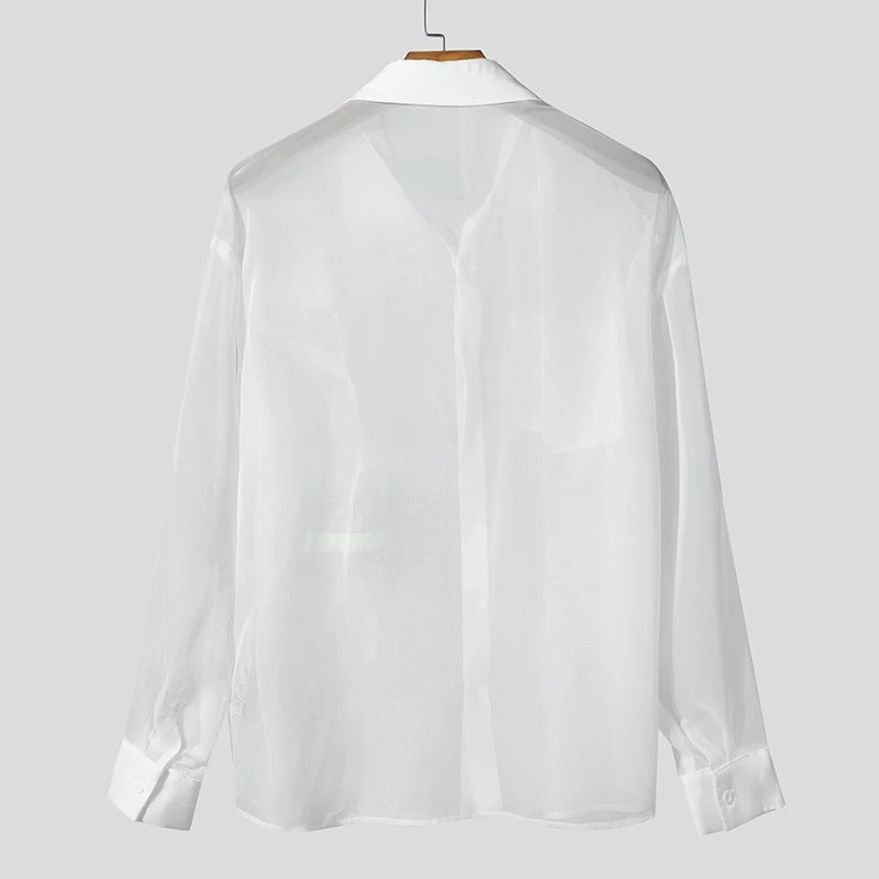 INCERUN Men Shirt Mesh Patchwork Transparent Lapel Long Sleeve Men Clothing Oversize Sexy 2025 Streetwear Unisex Shirts S-5XL