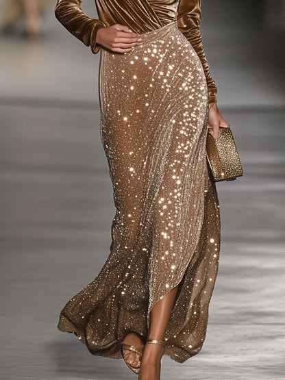 Lady Solid Slim Glitter Evening Dresses Luxury Elegant V-neck Velvet Long Dress Temperament High Waist Long Sleeve...