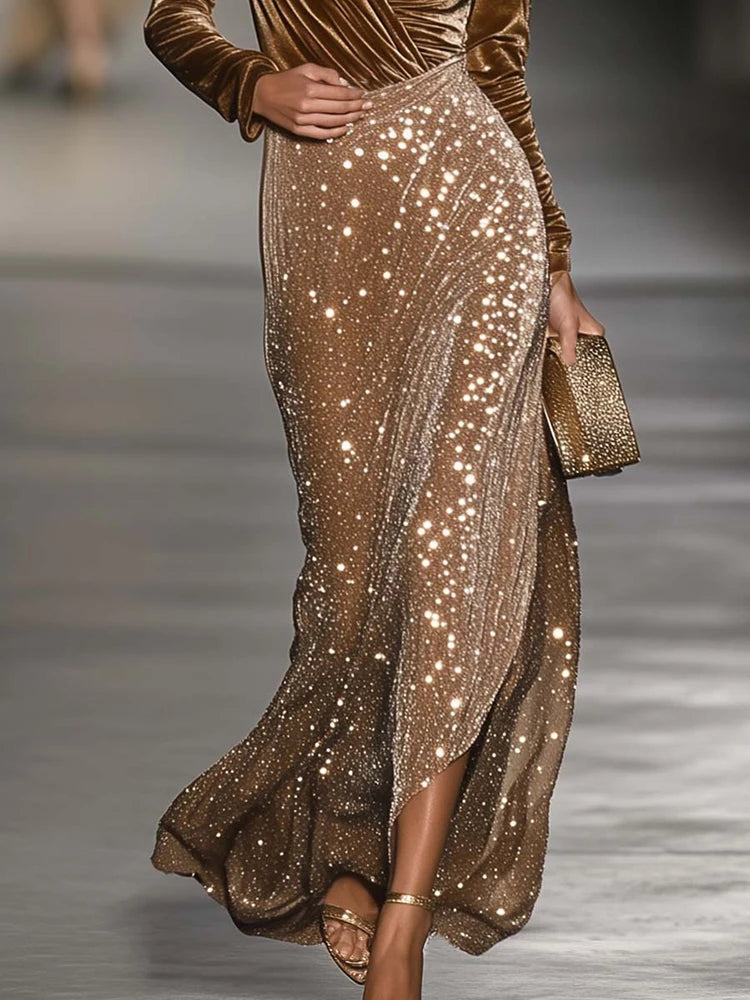 Lady Solid Slim Glitter Evening Dresses Luxury Elegant V-neck Velvet Long Dress Temperament High Waist Long Sleeve...