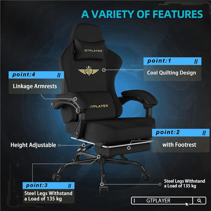 Fabric Gaming Chair with Pocket Spring Cushion, High Back Ergonomic Office Chair with Footrest and Lumbar Support for Adults