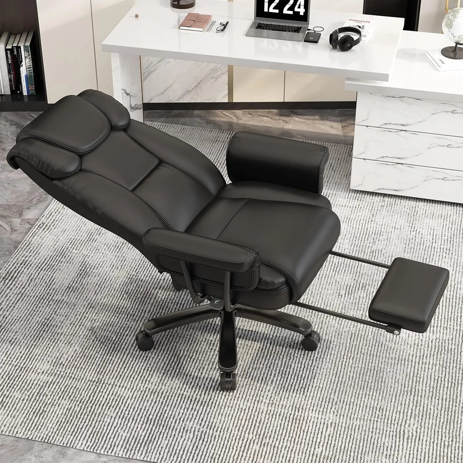 Big and Tall Office Chair 400LBS, 160° High Back Reclining Office Desk Chair with Wide Seat, Arms, Footrest, Black - Kimlud