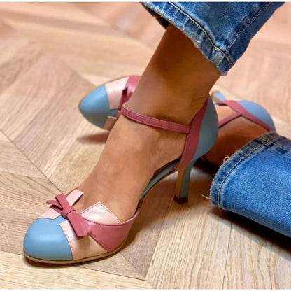Luxury Sweet Female Dress Shoes Round Toe High Heels Pumps Buckle Strap Bowknot Mixed Color Plus Size 43 Dating Shoes - Kimlud