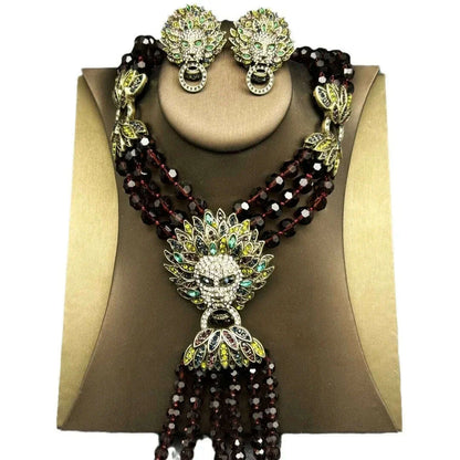 Medieval Vintage Palace Retro Full Inlaid Lion Head Heavy Multi-layer Tassel Necklace Earrings Set